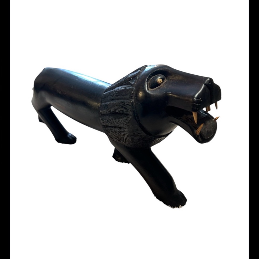 African Hand Carved Ebony Wood Sculpture of A Prowling Lion Folk Art